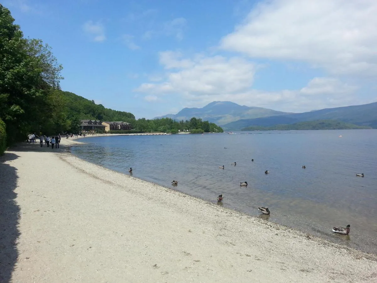 Sandy beach with Ben Lomond behind